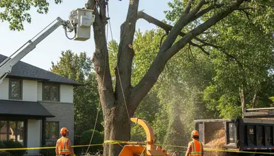 Professional tree removal crew using bucket truck and safety gear in Burlington, NC