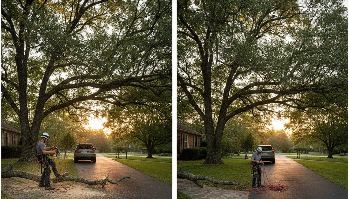 Arborist performing tree canopy lift over residential driveway in Burlington, NC for safe, polished clearance