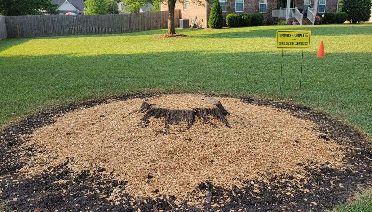 Finished stump grinding after shrub removal in Burlington, NC with wood chips and leveled soil