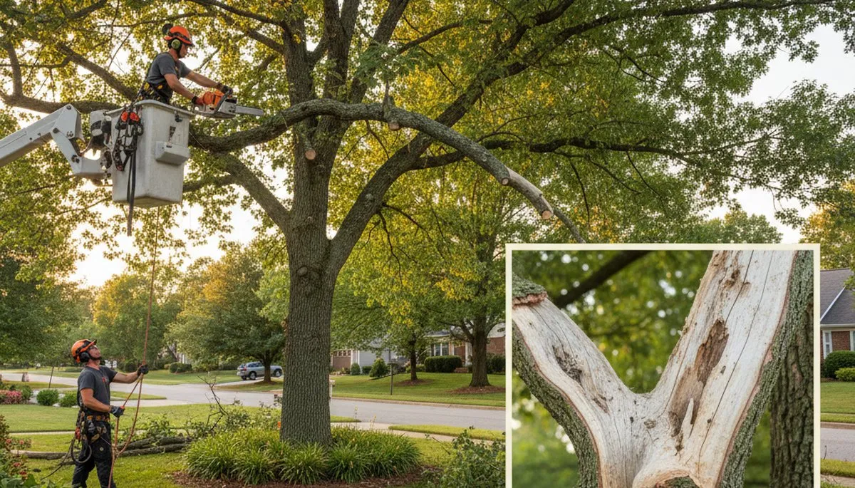 Arborist removing dead branches during professional tree trimming in Burlington, NC