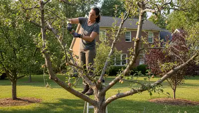Arborist pruning fruit trees in Burlington NC backyard orchard for healthy growth and better harvest