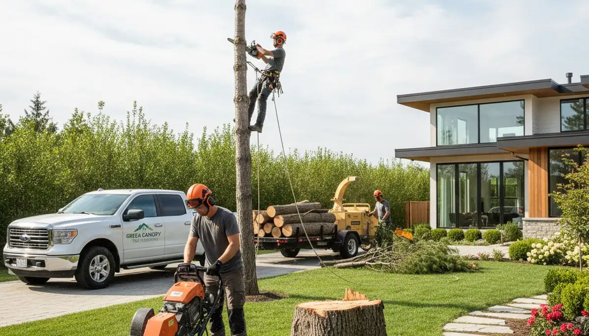 Landscaping crew performing tree trimming and yard maintenance in Burlington, NC