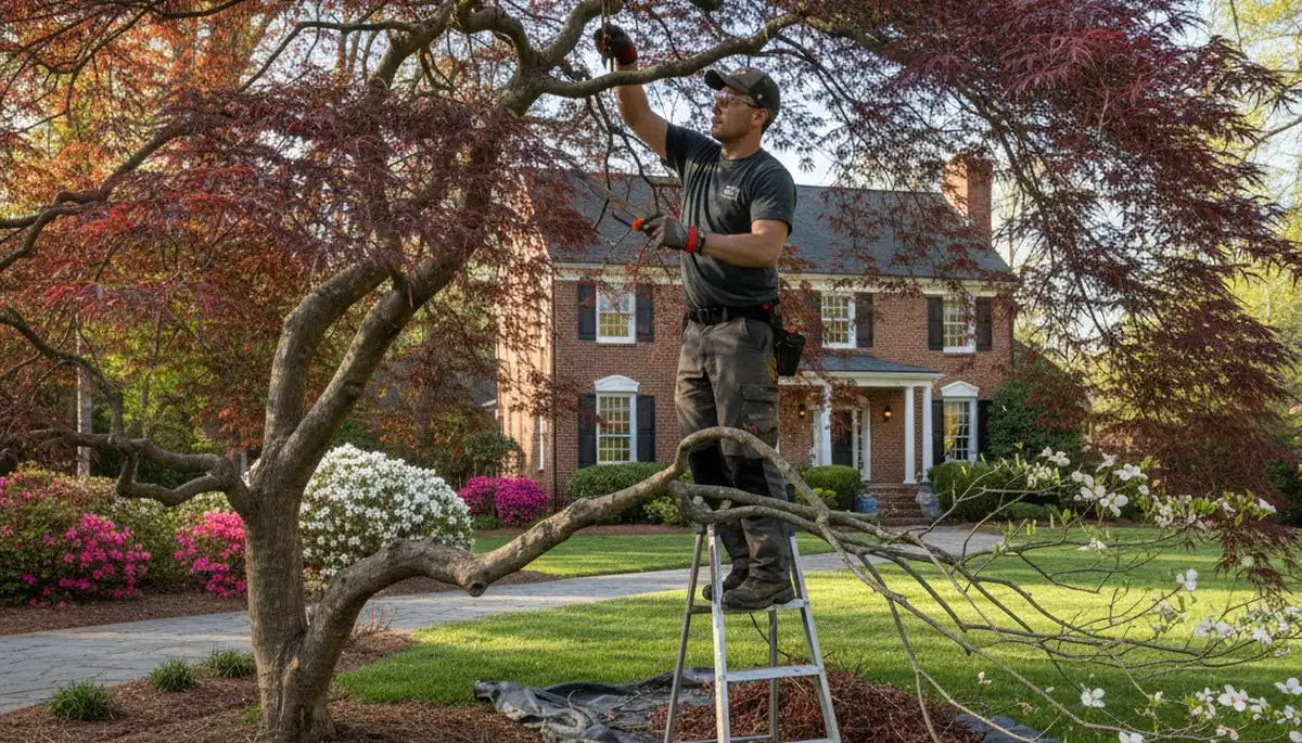 Arborist hand pruning ornamental Japanese maple for curb appeal in Burlington, NC landscape