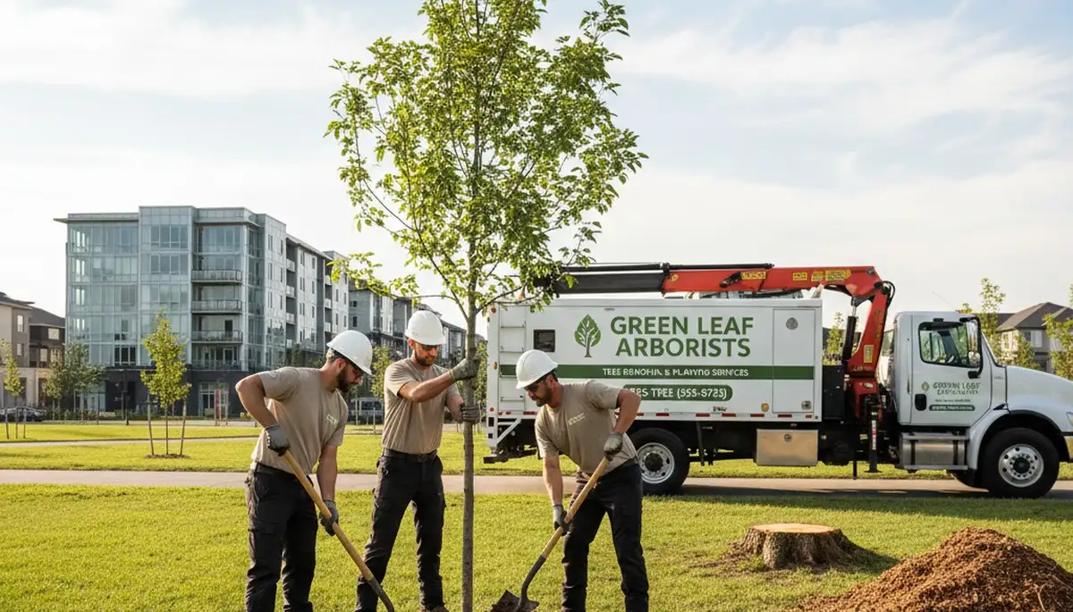 Arborists planting young trees in Burlington, NC for professional tree installation services
