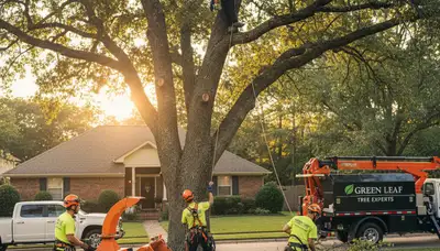 Professional tree removal crew trimming oak tree in Burlington, NC for Chop Chop Tree service