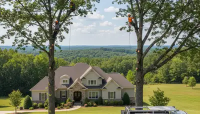 Professional tree removal service crew working in Burlington, NC backyard