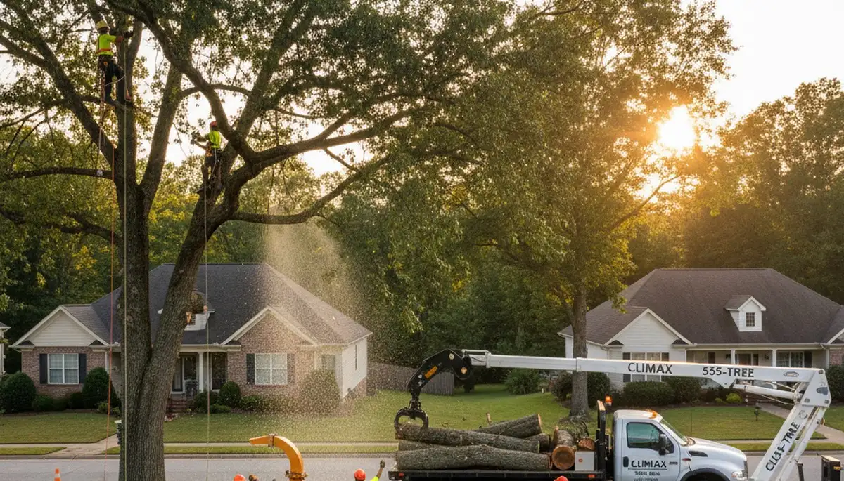 Professional tree removal service in Burlington, NC safely cutting and clearing large oak tree