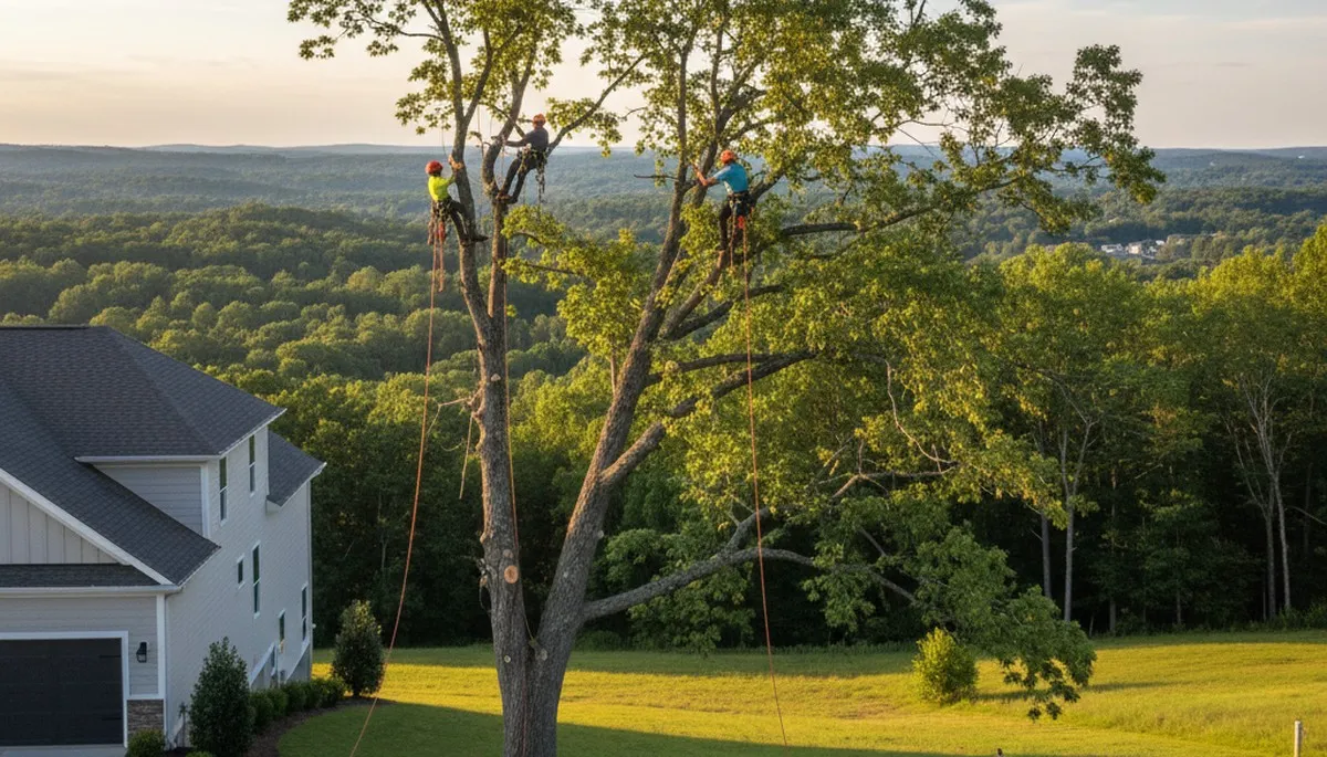 Professional tree removal service in Burlington, NC safely cutting and clearing large backyard trees