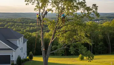 Professional tree removal service in Burlington, NC safely cutting and clearing large backyard trees