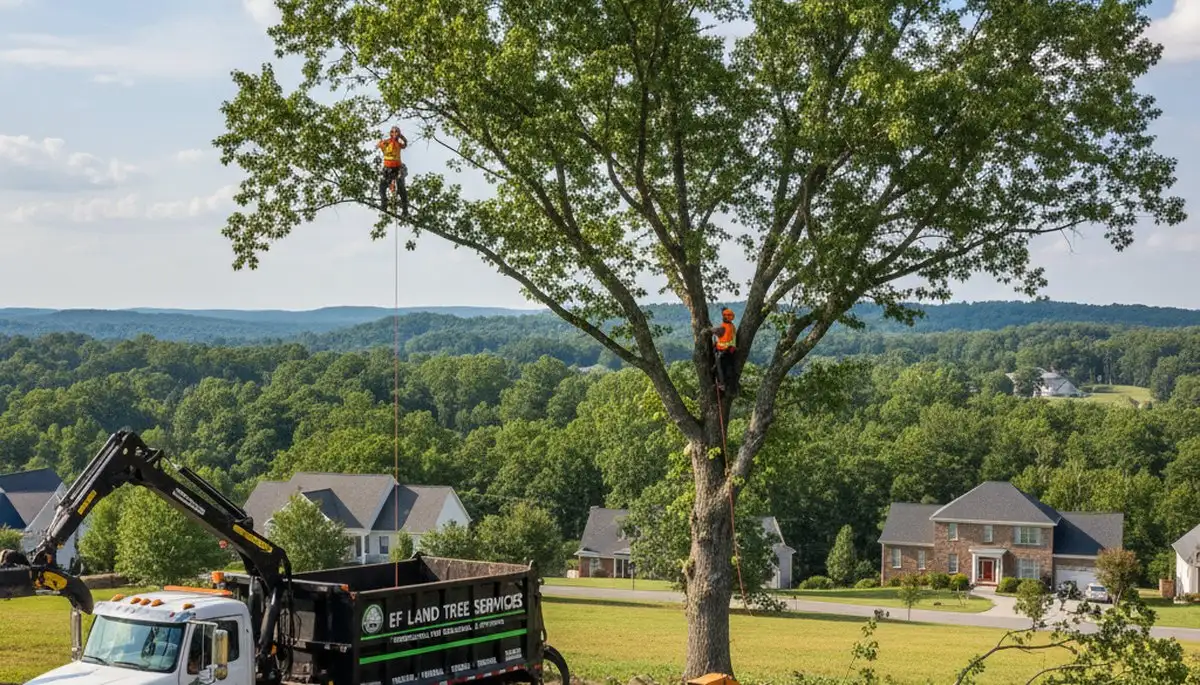 Professional tree removal service team working safely in Burlington, NC residential area