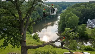 Professional tree removal service in Burlington, NC safely cutting damaged oak tree