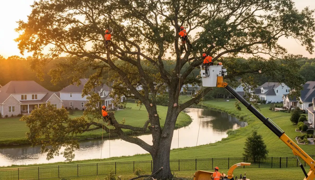 Professional tree removal service in Burlington NC by certified arborists trimming large oak trees
