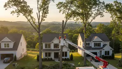 Professional tree removal service in Burlington, NC safely clearing large oak near residential home