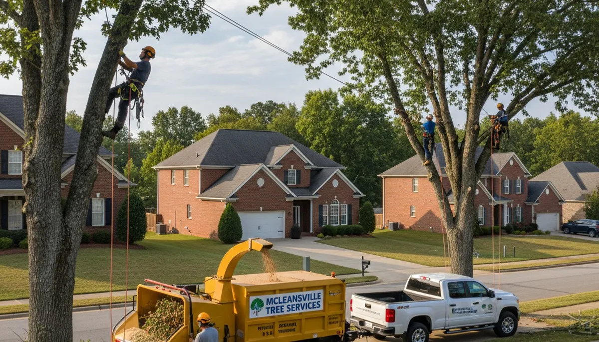 Professional tree removal service in Burlington, NC safely clearing large oak near home