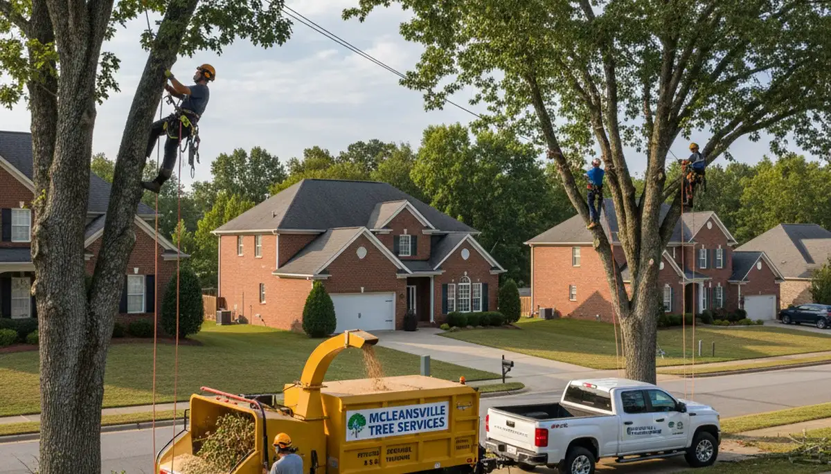 Professional tree removal service in Burlington, NC safely clearing large oak near home